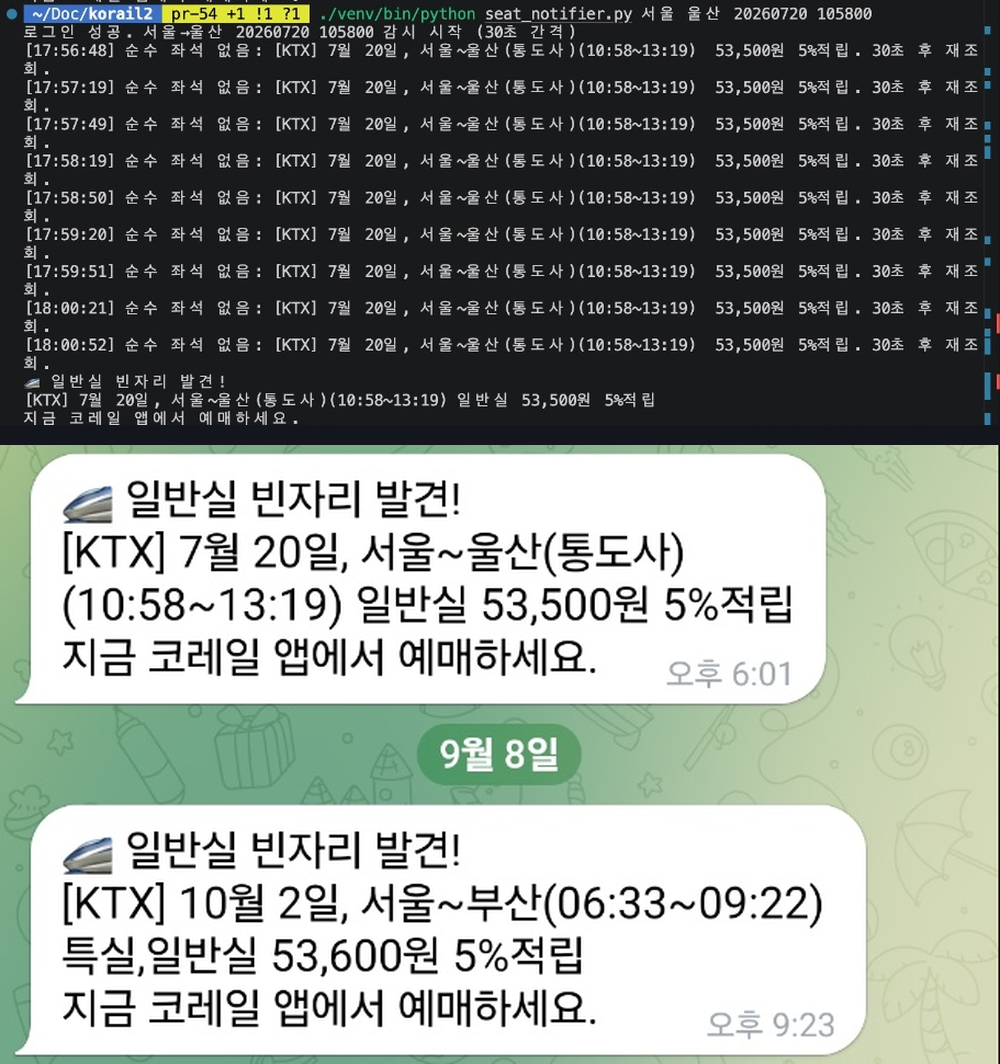 korail-notifier가 빈자리를 감지한 터미널 로그와 텔레그램으로 도착한 빈자리 발견 알림